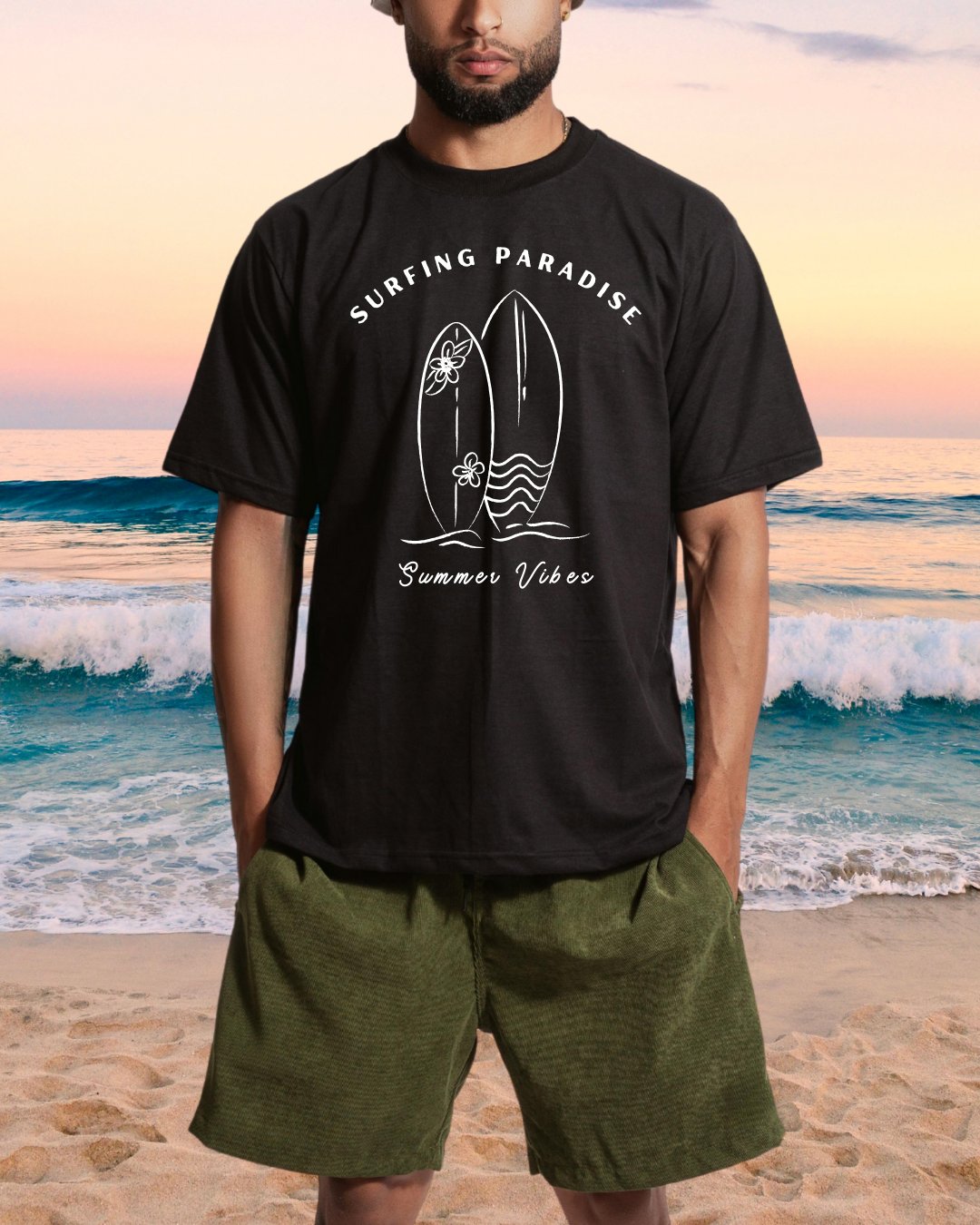 Model showing a t-shirt with a nature's design